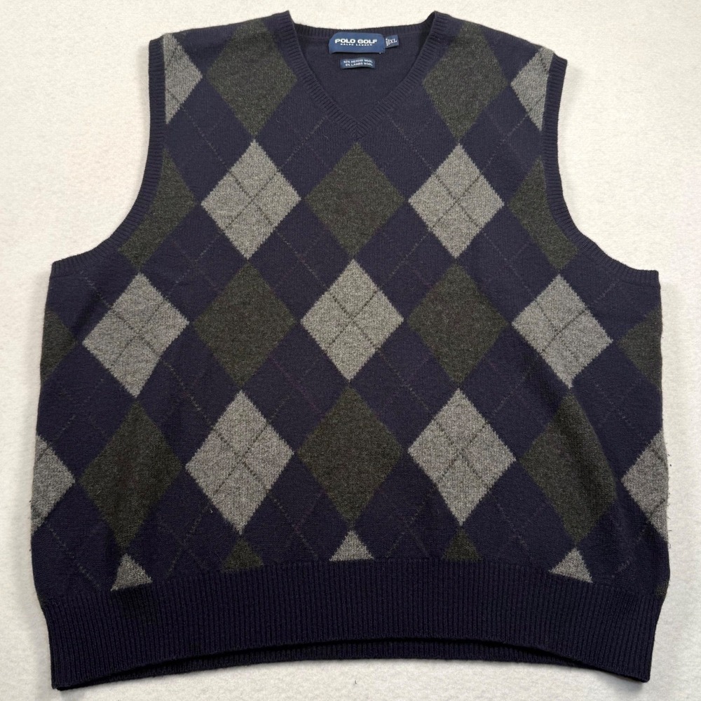 Polo Golf Ralph Lauren Sweater Vest Mens XL Navy Blue Argyle Merino Wool Blend - Picture 2 of 7